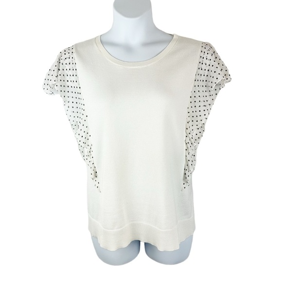 Short Flutter Polka Dot Sleeve Ribbed Hem Mixed Media Lightweight Sweater - Picture 1 of 10